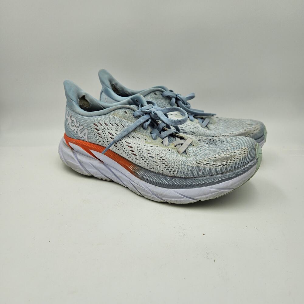 Hoka One‎ One Clifton 8 Womens Running Shoes Size 7B Gray Blue Orange Athletic